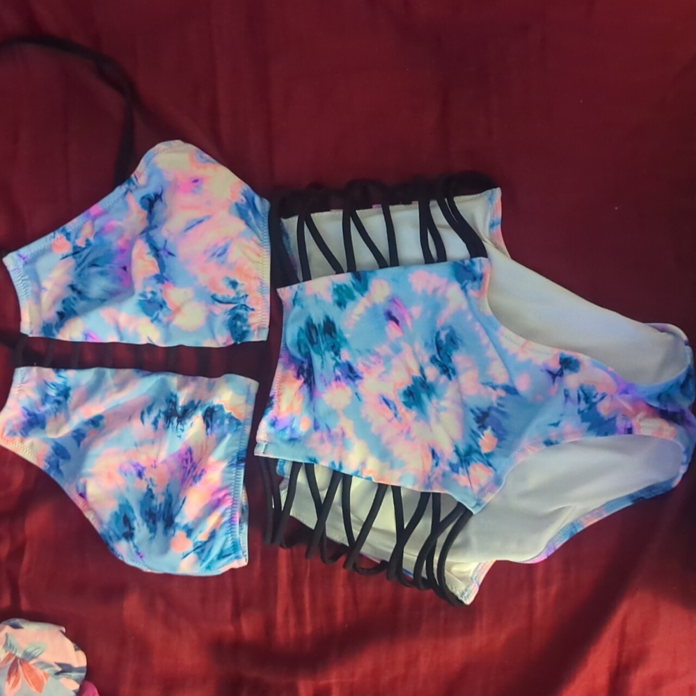 PINK tie dye watercolor bikini w high waist bottom